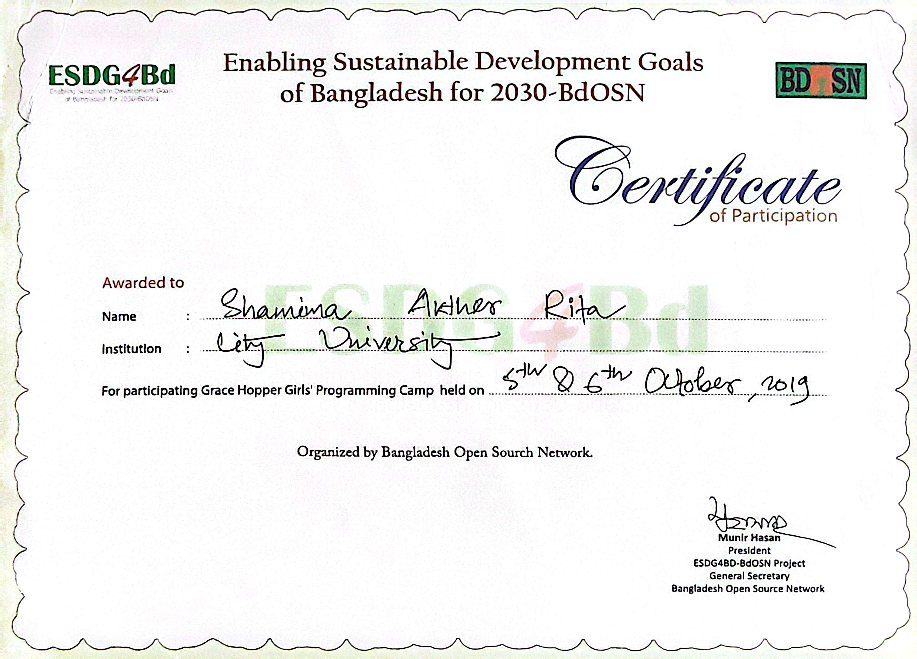 Grace Hopper Girl's Programming Camp Participation Certification